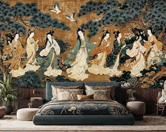 Tapeta orientalno-azjatycko-japońska z motywem gejszy w stylu chinoiserie, japońska sztuka samoprzylepna