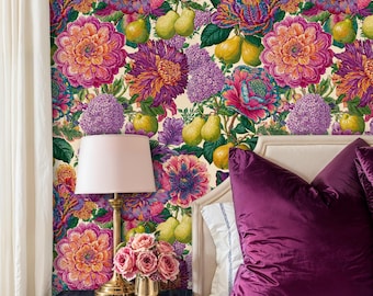 Maximalist Floral Wall Mural: Colorful Peony Hydrangea Peel and Stick Wallpaper