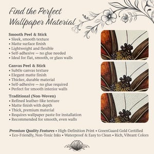 May include: An advertisement for wallpaper materials. The text reads "Find the Perfect Wallpaper Material." It lists Smooth Peel & Stick, Canvas Peel & Stick, and Traditional (Non-Woven) options, with features like matte finish and self-adhesive.
