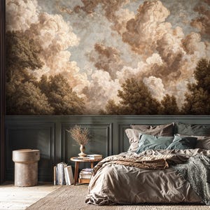 May include: A bedroom with a mural of a cloudy sky and trees. The bed has a brown comforter and pillows. A small wooden table holds books and a vase with dried flowers. A stone stool sits to the left.
