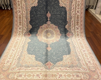Alfombra de seda beige y azul de 7x10 pies, diseño de medallón persa, 150 juncos de alta densidad