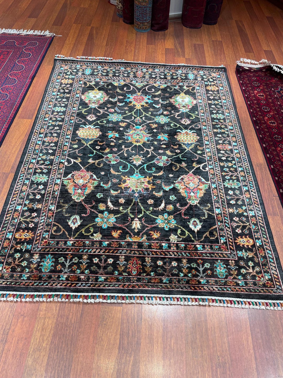 5x7 Afghan Sultani Handwoven Rug – Black Framed Wool Carpet, 45x45 ...