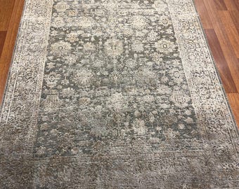 5x8 Turkish Silk Rug – Vintage Oushak Style, Luxury Distressed Gray Carpet