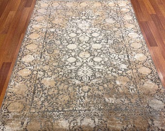 5x8 Turkish Silk Rug – Vintage Oushak Style, Luxury Distressed Gray Carpet