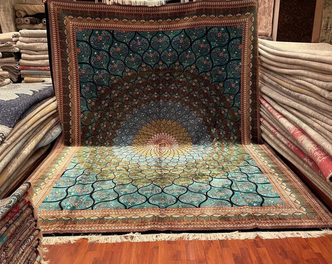 7x10 Turquoise Medallion Silk Rug, Qum Style Oriental Carpet, Persian Design Luxury Area
