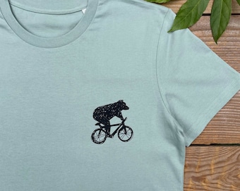 Bear Riding Bicycle T-Shirt, Hand printed in the UK, cool bear tee