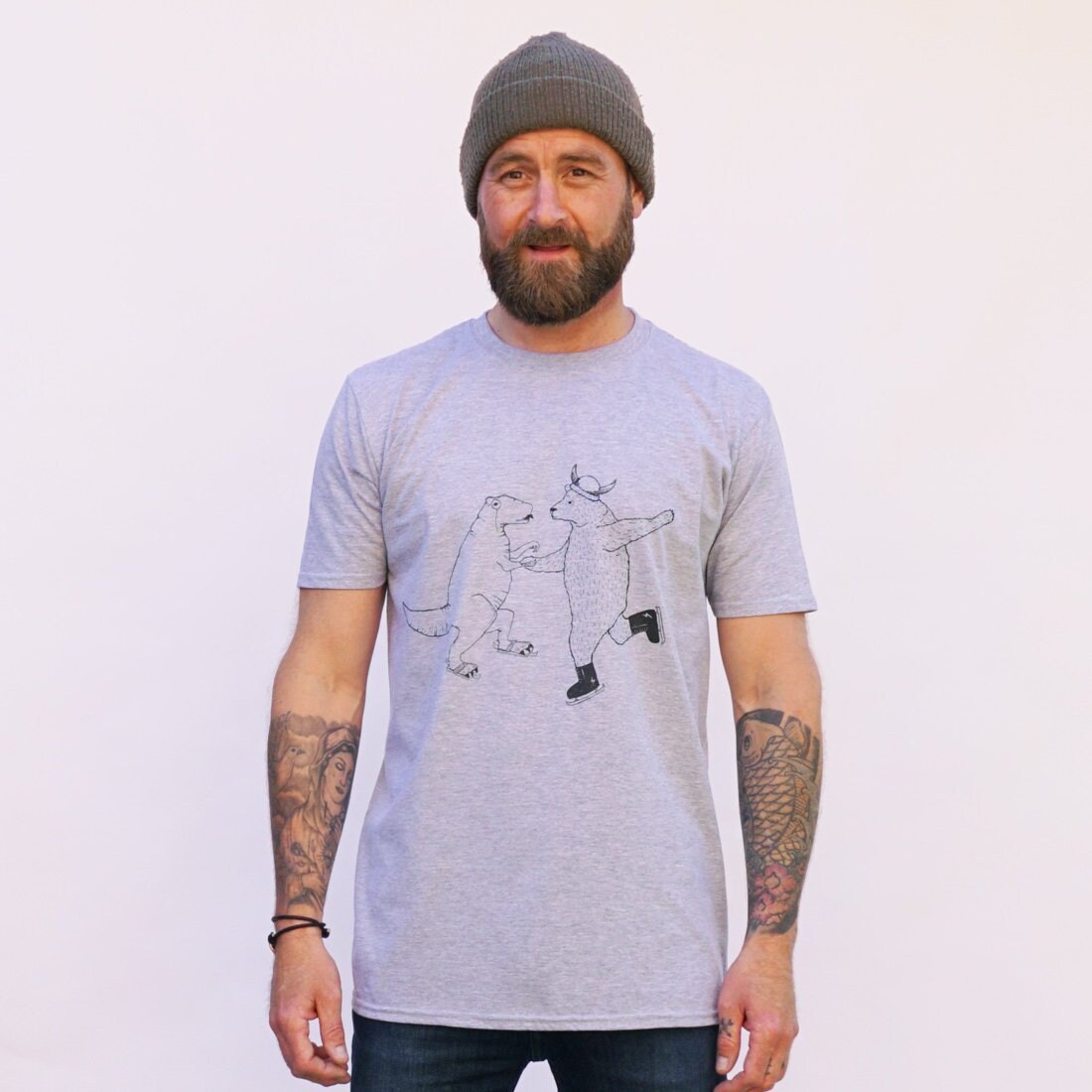 Image of Bear & Dinosaur T-Shirt - 100% Organic Cotton Ice Skating T-Shirt Gift For Him Bear Tshirt Tee T-Rex