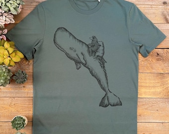 Whale and Bear T Shirt, Handprinted, men's dinosaur tshirt, gift for him
