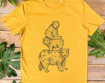 Bear Stack T-Shirt, Handprinted, cool bear tee, graphic, gift for him