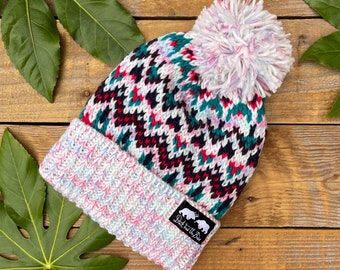 Bobble Winter Hat, knitted beanie, women's, Pink pick a mix