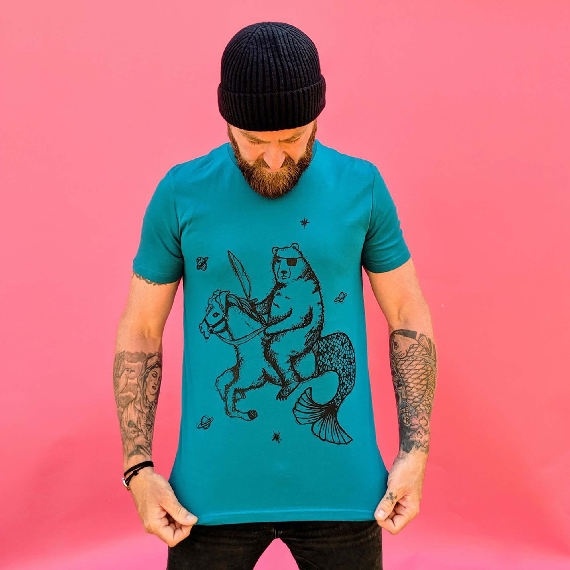 Image of Bear & Sea Horse T-Shirt, 100% Organic Cotton, Christmas Gift, Merbear, Mermaid Bear, Graphic