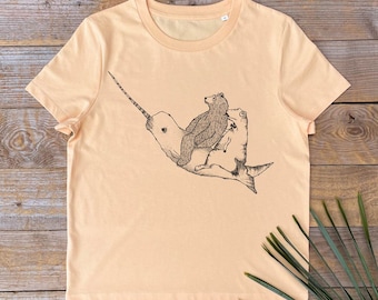 Narwhal and Bear T-shirt, women's dinosaur tee, graphic, gift for her
