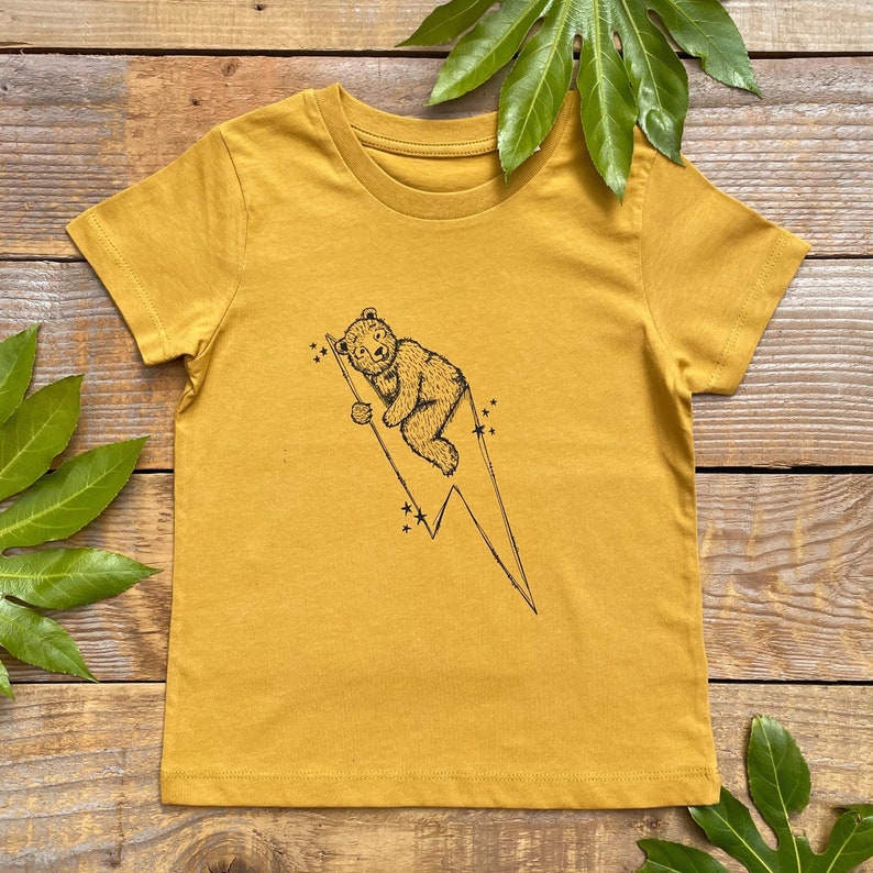 Bear and Lightning Kids T-shirt, Gift for Baby, graphic tee Mustard