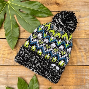 Bobble Winter Hat, knitted beanie, Black Lightning hat, men&#39;s