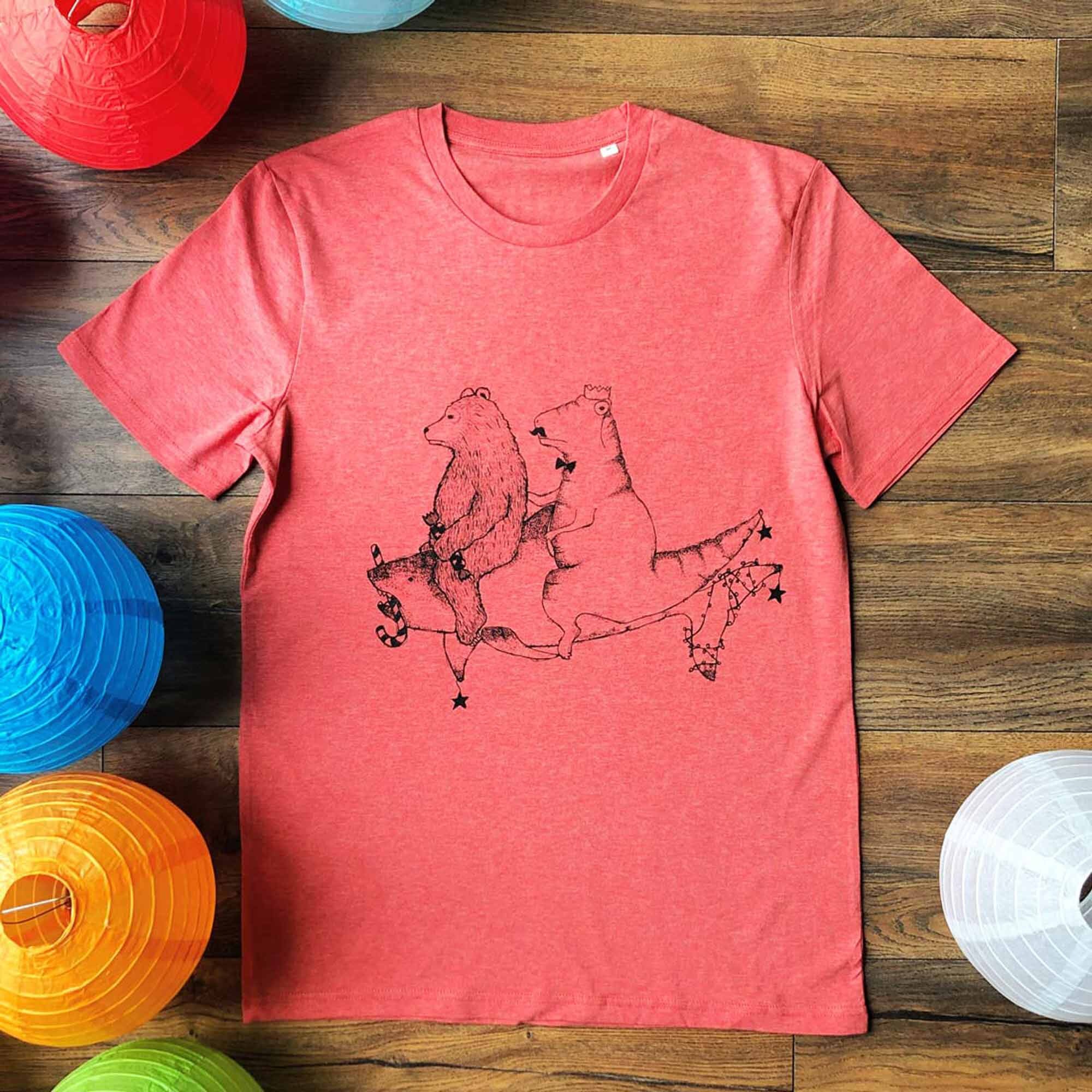 Image of Bear & Dinosaur Christmas T-Shirt, Great White Shark, Graphic, Gift For Him, Ethical Clothing