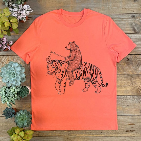 Bear Riding Tiger T-Shirt, cool bear tee, gift for him