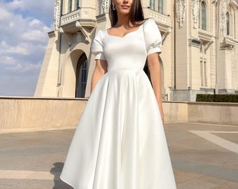 Square Neck Satin Wedding Dress | Puff Sleeve Midi Civil Gown | Bridesmaid Guest