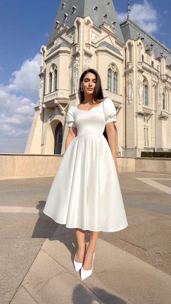 Square Neck Satin Wedding Dress | Puff Sleeve Midi Civil Gown | Bridesmaid Guest Square Neck Satin Wedding Dress | Puff Sleeve Midi Civil Gown | Bridesmaid Guest