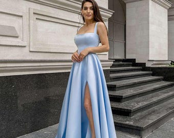 Light Blue Prom Dress, Satin Corset Gown, High Slit Long Evening Dress