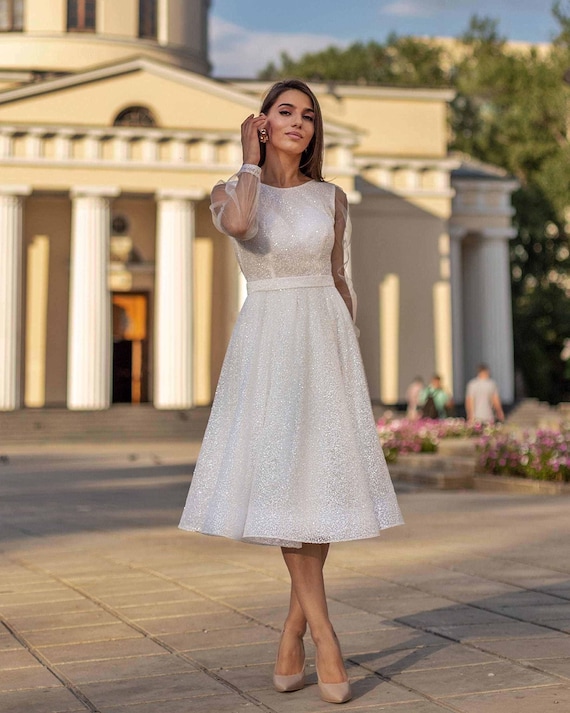 sachin and babi light blue dress Sparkly Wedding Dress Midi, Glitter Long Sleeve Bridal Gown, White Civil  Ceremony Reception