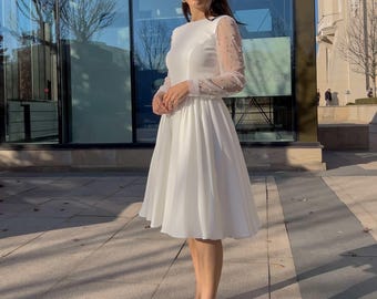Pearl Sleeve Chiffon Wedding Dress | Civil Ceremony Midi | Modest White Reception