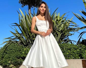 Corset Wedding Dress Midi, Simple Satin Bridal Gown, Civil Ceremony Reception, Square Neck
