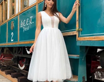 Midi Wedding Dress Tulle | V Neck Civil Ceremony Gown | Corset Tea Length