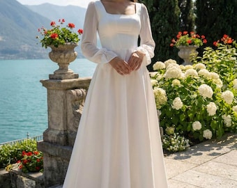 Vestido de novia de satén de manga larga, vestido de novia con corsé, escote cuadrado, corte en A, vestido blanco sencillo