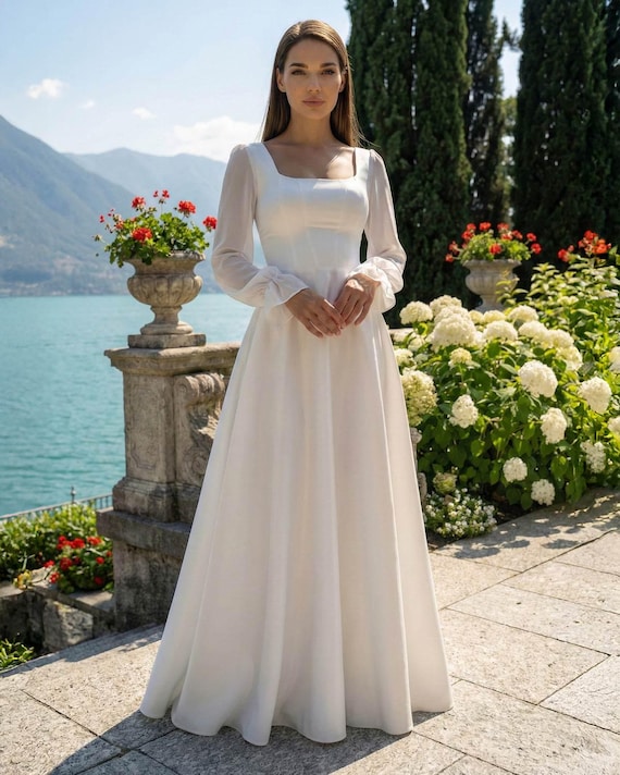 Satin Wedding Dress Long Sleeve, Corset Bridal Gown, Square Neck A-line, Simple White Dress - Etsy Israel Satin Wedding Dress Long Sleeve, Corset Bridal Gown, Square Neck A-line, Simple White Dress - Etsy Israel