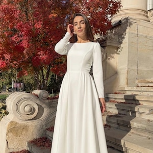 Robe de mariée en crêpe à manches longues | Robe de mariée à encolure bateau | Cérémonie civile