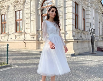 Long Sleeve Midi Wedding Dress, Tulle Civil Wedding Dress, Polka Dot Bridal Gown