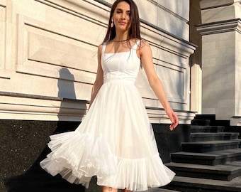 Tea Length Tulle Wedding Dress | Midi Civil Ceremony Gown | Corset Bridal Outfit