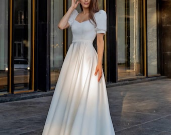 Elegant Satin Wedding Dress, Square Neckline, Short Sleeve