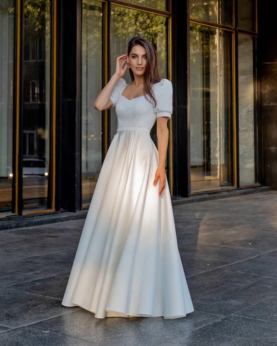 Elegant Satin Wedding Dress, Square Neckline, Short Sleeve