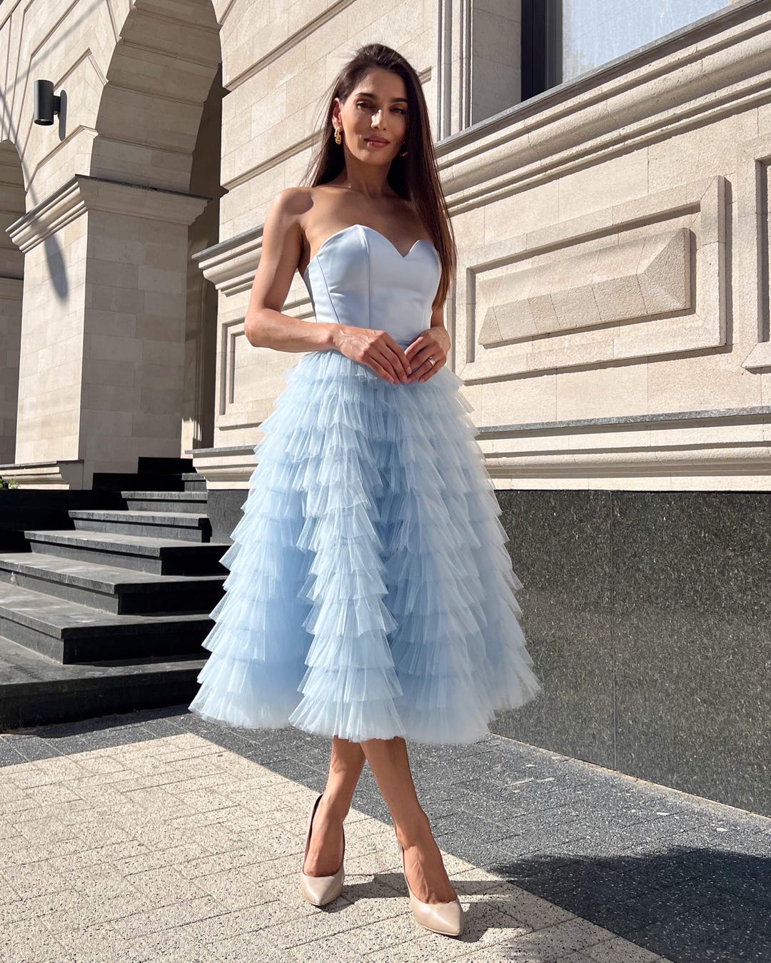 blue corset tulle dress Ladivine CC415 Size 10 Smoky Blue Sheer Beaded V Neck Corset Prom Dress A Line Shimmer Ballgown Formal Gown