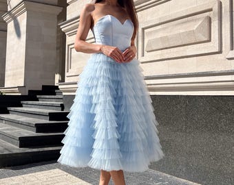 techno crepe ruffle corset dress in blue Crepe Ruffle Corset Mini Dress