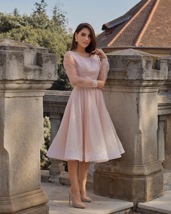 dusty pink cocktail dress LaDivine KV1090 Short Glitter Cocktail Printed A Line Dress