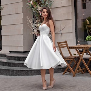 Satin Corset Midi Wedding Dress | Strapless White Civil Gown | Lace Up Back Princess