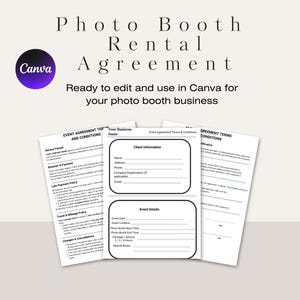 May include: A photo booth rental agreement template, ready to edit in Canva. The document includes sections for client information, event details, and terms and conditions. The Canva logo is in the upper left corner.