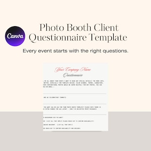Könnte beinhalten: Canva-Vorlage für einen Fragebogen für Fotokabinen-Kunden, vor einem hellbeigen Hintergrund. Die Vorlage enthält Abschnitte für Firmennamen, Veranstaltungsdetails und Fragen. Der Text ist in Schwarz und Rot, mit dem Canva-Logo oben links.