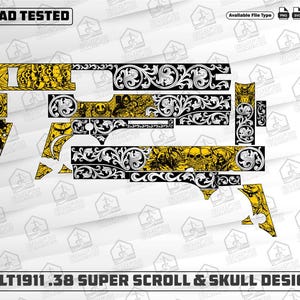 May include: A detailed design for a Colt 1911 .38 Super firearm, featuring a scroll and skull motif. The design includes various components with intricate patterns in black and yellow. The text "EZCAD TESTED" and "COLT1911 .38 SUPER SCROLL & SKULL DESIGN" are visible.