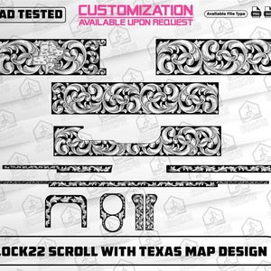 May include: Black and white scroll design for a Glock 22, featuring a Texas map. The design includes various decorative elements and is available in multiple file types. The text "EZCAD TESTED" and "CUSTOMIZATION AVAILABLE UPON REQUEST" are also present.