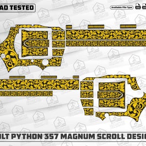 Pode incluir: Um design gráfico detalhado para um Colt Python 357 Magnum, com um design de rolagem. O design é principalmente preto e dourado, com intrincados padrões florais. A imagem inclui o texto "EZCAD TESTED" e "COLT PYTHON 357 MAGNUM SCROLL DESIGN".