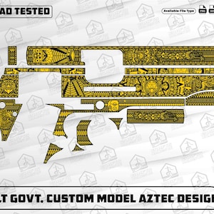 May include: A custom Aztec design for a Colt Govt. model, featuring intricate yellow patterns on a black background. The design includes various Aztec-inspired motifs and the text "EZCAD TESTED". The image also shows available file types.