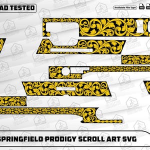 May include: A collection of black and gold floral scroll art SVG files for a Springfield Prodigy. The design features intricate, ornate patterns. The text "EZCAD TESTED" and "SPRINGFIELD PRODIGY SCROLL ART SVG" are visible.