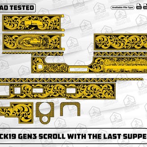Peut inclure: Ensemble de décalcomanies décoratives pour Glock 19 Gen3, avec des volutes complexes et des images religieuses. Le design comprend une représentation de la Cène en or et noir, avec le texte "EZCAD TESTED" et "GLOCK19 GEN3 SCROLL WITH THE LAST SUPPER".