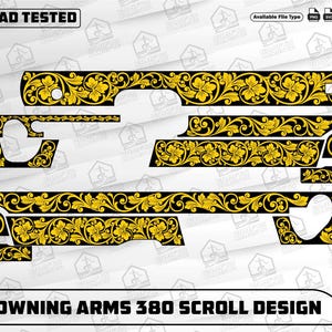 以下が含まれることがあります： Browning Arms 380 用の黒と金のスクロールデザイン。このデザインは、花のパターンと装飾的なスクロールワークが特徴です。画像には「EZCAD TESTED」と「BROWNING ARMS 380 SCROLL DESIGN」というテキストが含まれています。
