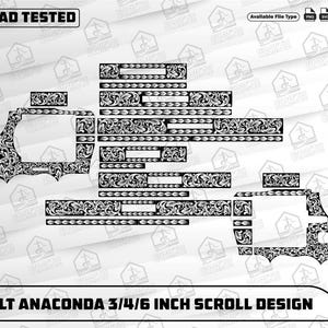 Peut inclure: Motif de défilement noir et blanc pour un Colt Anaconda 3/4/6 pouces. Le motif comprend divers éléments décoratifs et le texte "EZCAD TESTED". Types de fichiers disponibles : PNG, SVG, EPS et DXF.