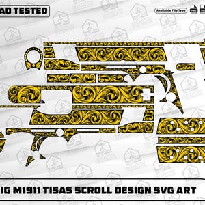 Op de afbeelding: Een vectorafbeelding van een gedemonteerd vuurwapen met een decoratief scrollontwerp in geel en zwart. De tekst "EZCAD TESTED" staat in de linkerbovenhoek. De tekst "ZIG M1911 TISAS SCROLL DESIGN SVG ART" staat onderaan.