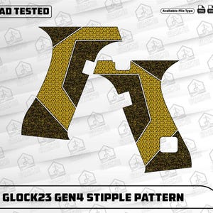 Puede incluir: Diseño de patrón de punteado para Glock 23 Gen4, con un patrón geométrico en dorado y negro. El diseño incluye el texto "EZCAD TESTED" y "GLOCK23 GEN4 STIPPLE PATTERN". Los tipos de archivo disponibles son PNG, SVG, EPS y DXF.